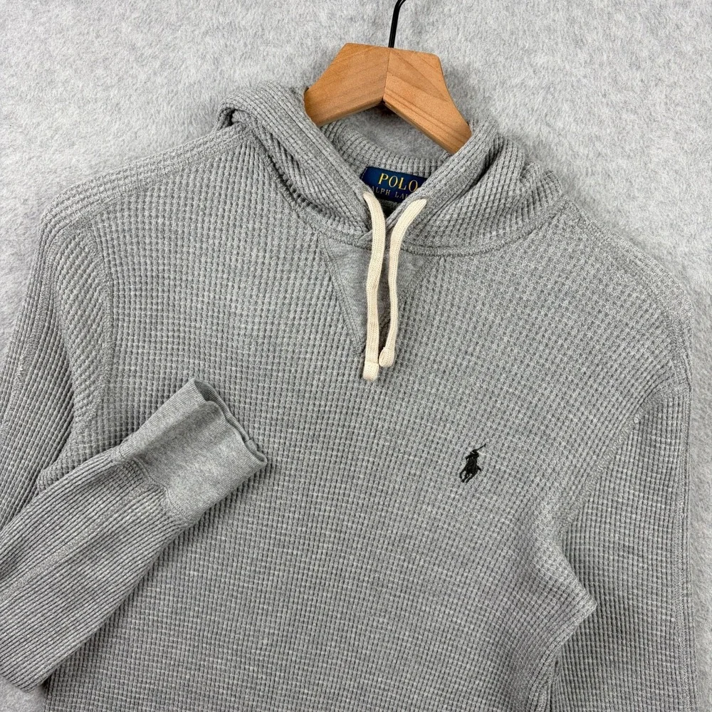 Polo Ralph Lauren Hoodie Mens Small Gray Heather Waffle Knit Thermal Pullover